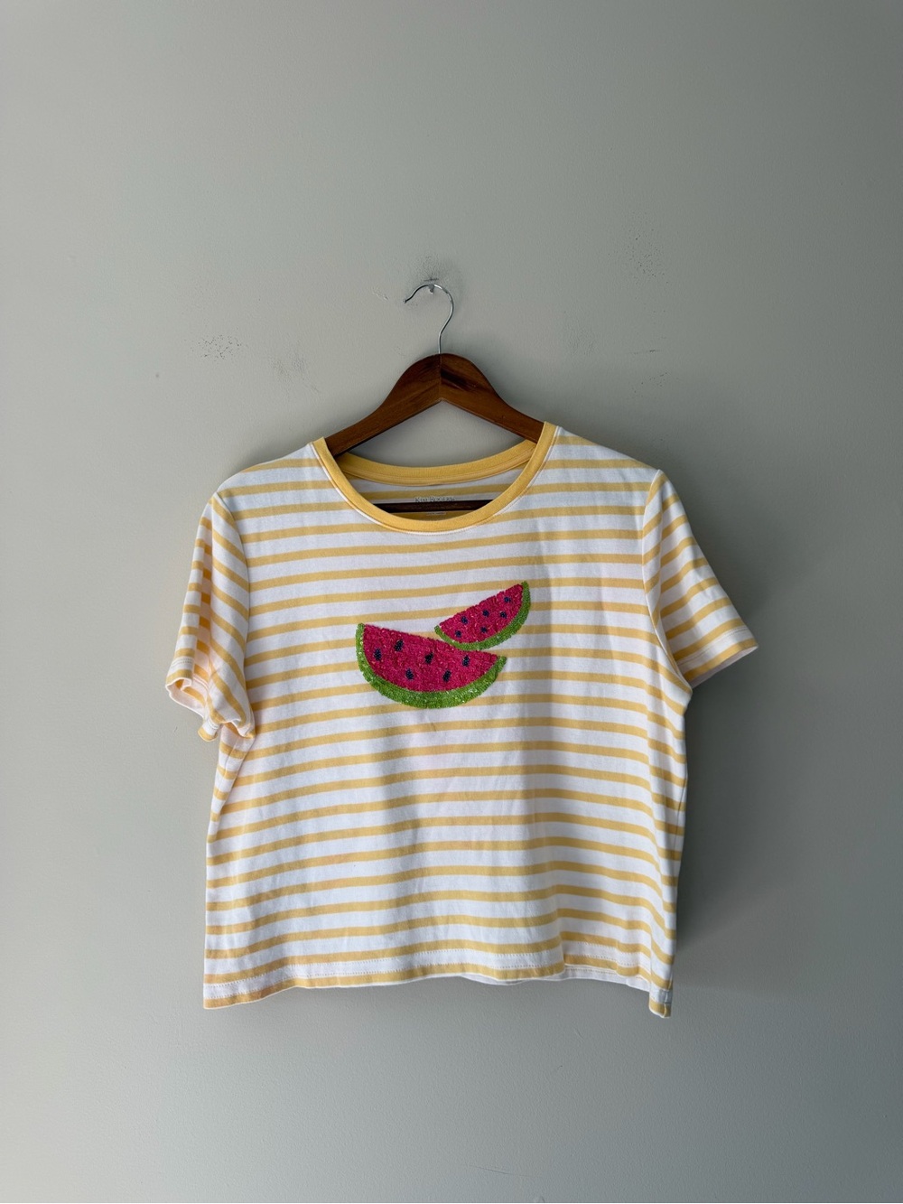 Kim Rogers Yellow and White Striped Cropped Tee Watermelon Sequins Detailing
